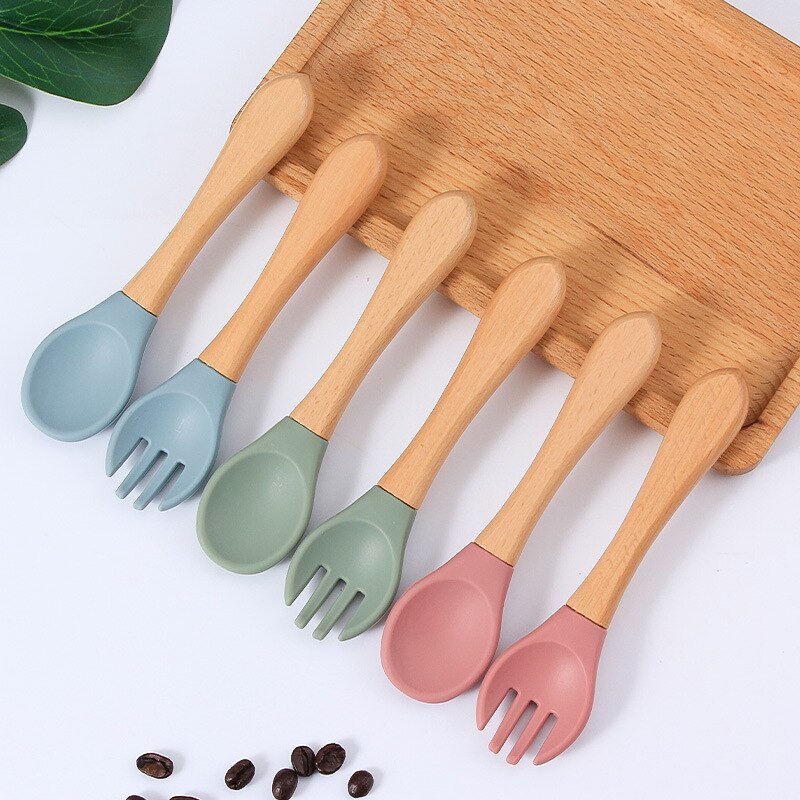 Thumbnail: Silicone Baby Feeding Spoon Fork with Wooden Handle Kids Learn To Eat Children'