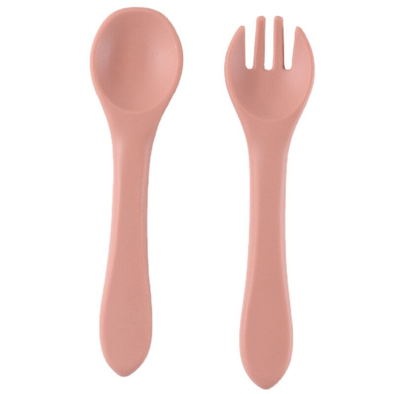 Thumbnail: Silicone Baby Feeding Spoon Fork with Wooden Handle Kids Learn To Eat Children'