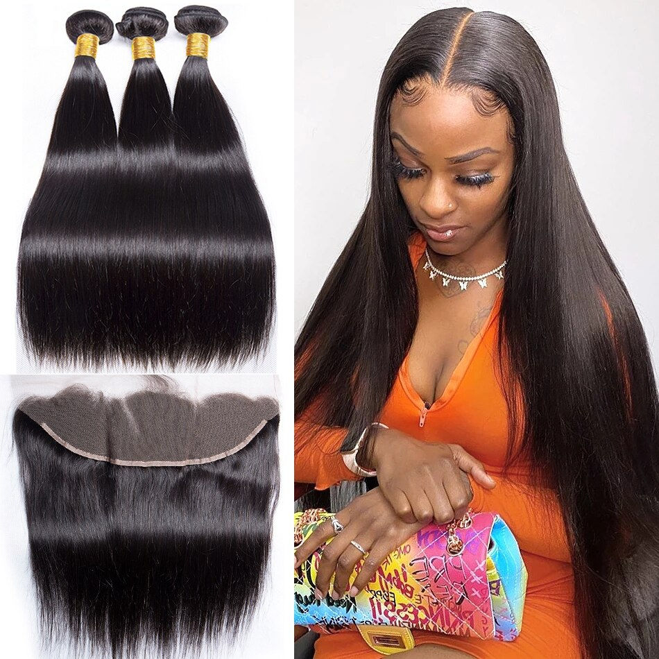 Thumbnail: 30inch Long Straight Human Hair Bundles With Closure Peruvian Human Hair Bundle