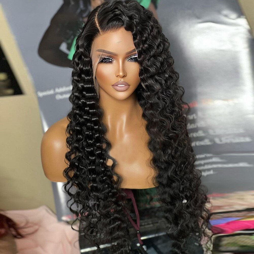 Preplucked Soft Long 180%Density 26Inch Black Deep Wave Lace Front Wig For Wome