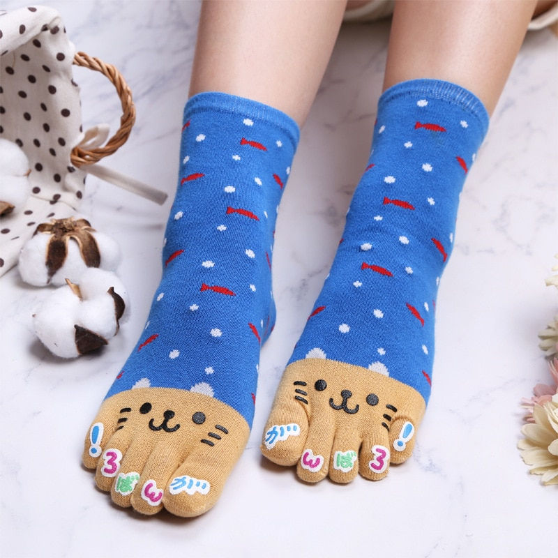Miniaturbild: Novelty Cute Ankle Five Finger Happy Socks Woman Print Cotton Dispensing White 