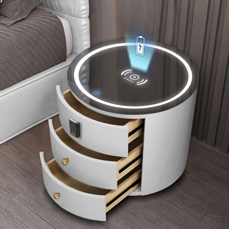 Thumbnail: Round Bedside Table Nightstands Intelligent Password Fingerprint Wireless Charg