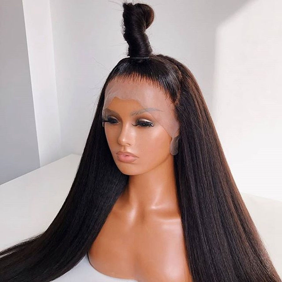 Thumbnail: Soft Long 28inches Natural Black 180Density Yaki Kinky Straight Deep Lace Front