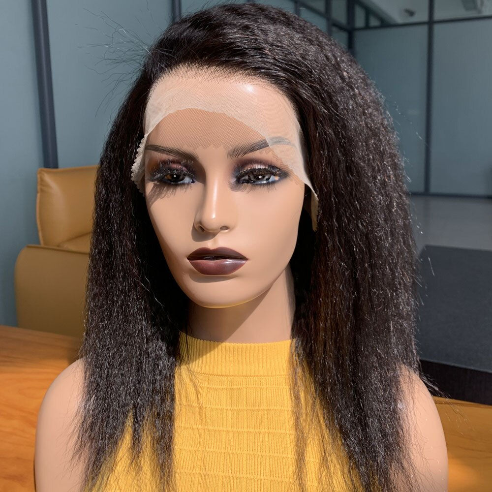 Preplucked Natural Black Soft 180Density 26Inch Long Kinky Straight Lace Front