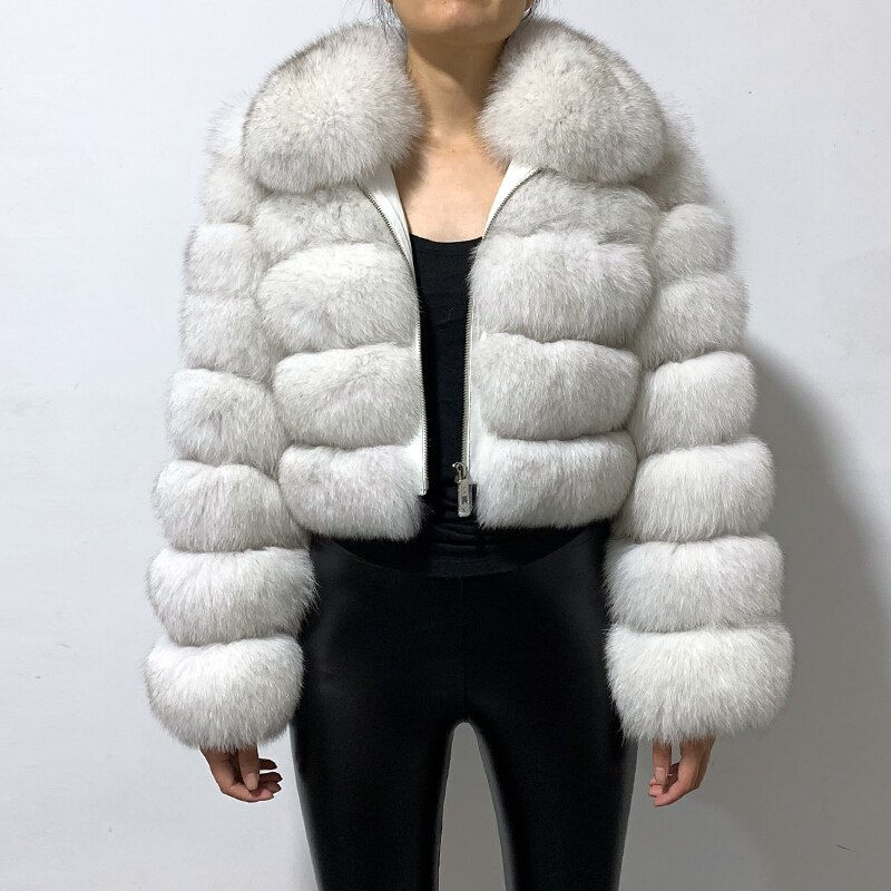 Thumbnail: Winter Woman's Fashion Short Style Slim Fit Zipper Real Fox Fur Bomber J