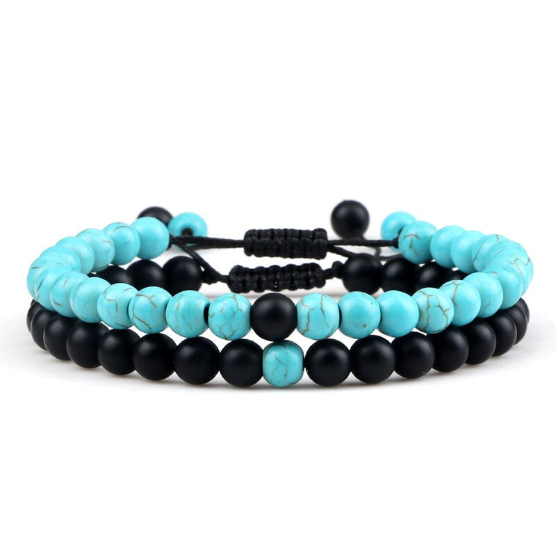 Thumbnail: Adjustable 2pcs/set Beads Bracelets for Couple Classic 6mm Natural Black White 