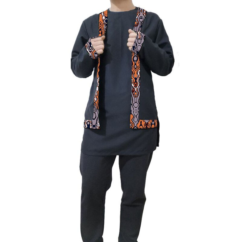 Thumbnail: Nigerian Print Patchwork Shirt Fake Two Tops With Solid Black Pants Long Sleeve