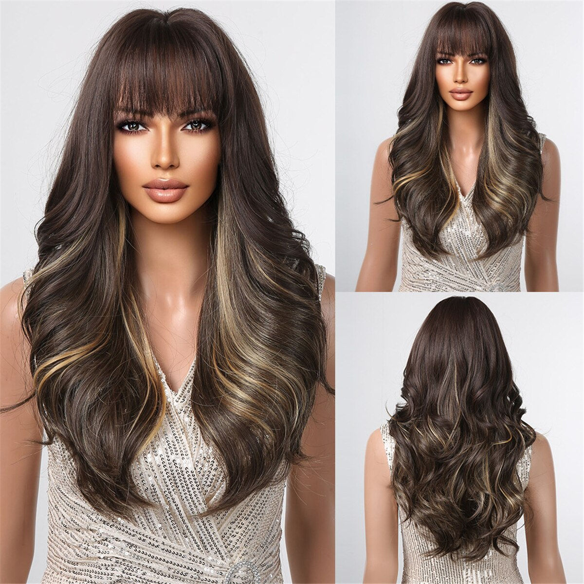 Blonde White Highlight Wigs WIth Dark Roots Long Wavy Synthetic Hair Wigs for W