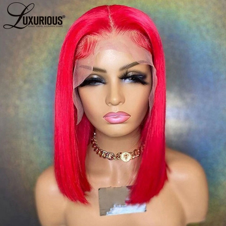 Thumbnail: 13x4 Red Short Bob Wig Lace Front Human Hair Wigs For Women Brazilian HD Transp