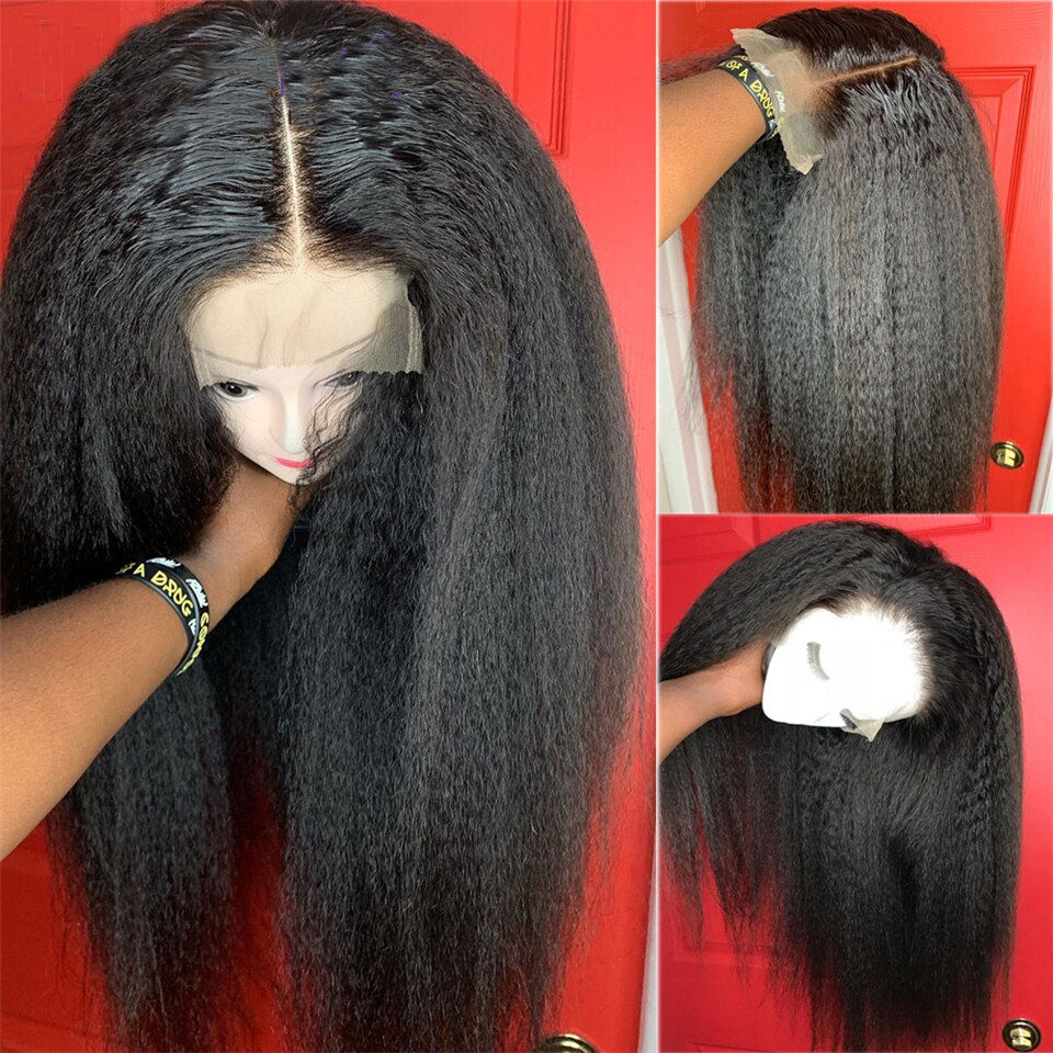 Thumbnail: Soft Long 28inches Natural Black 180Density Yaki Kinky Straight Deep Lace Front
