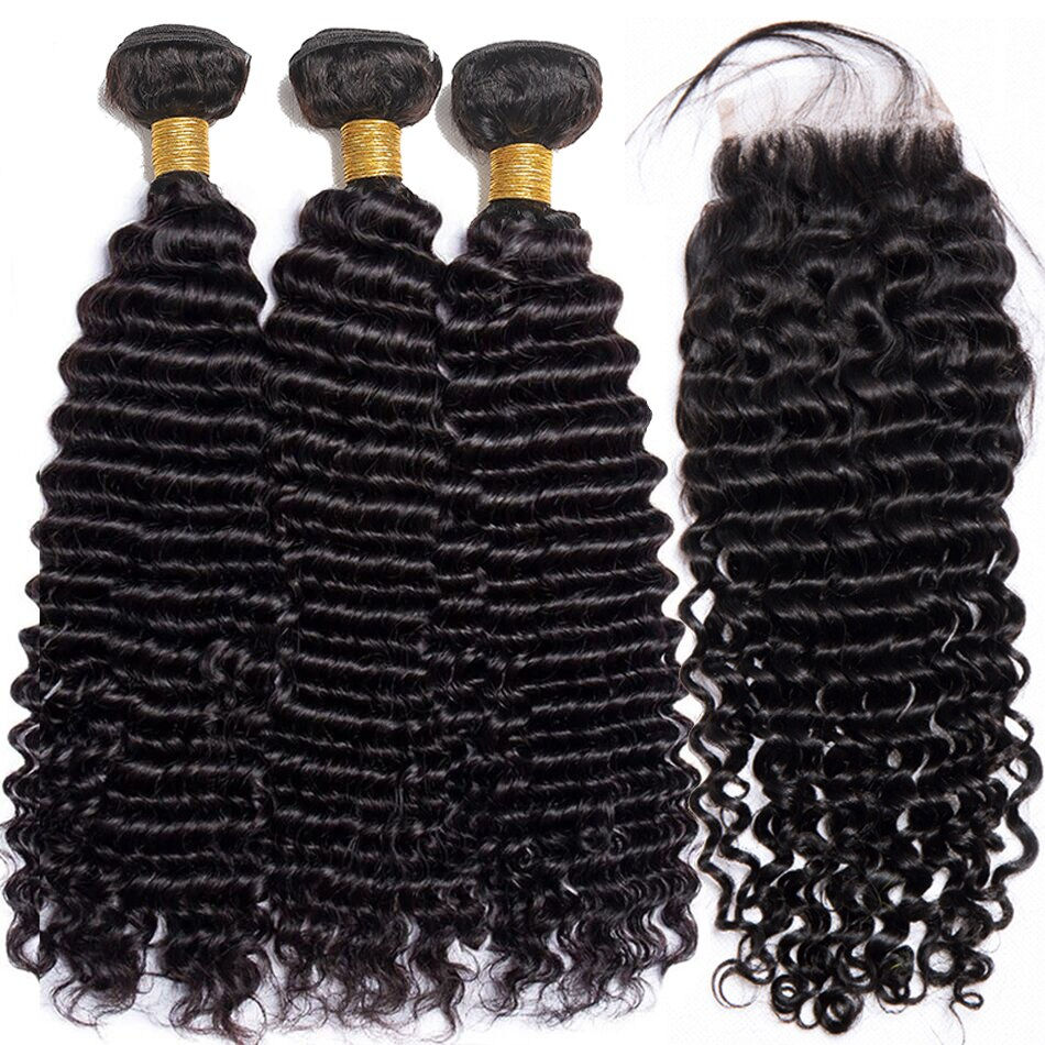 Thumbnail: 12A Deep Wave Bundles With Closure Peruvian Hair Bundles With Closure Remy 100%