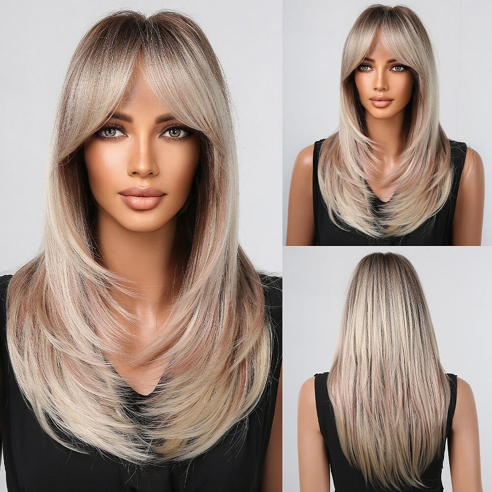 Thumbnail: Brown to Light Ash Brown Blonde Wigs with Bangs Layered Synthetic Wigs for Wome