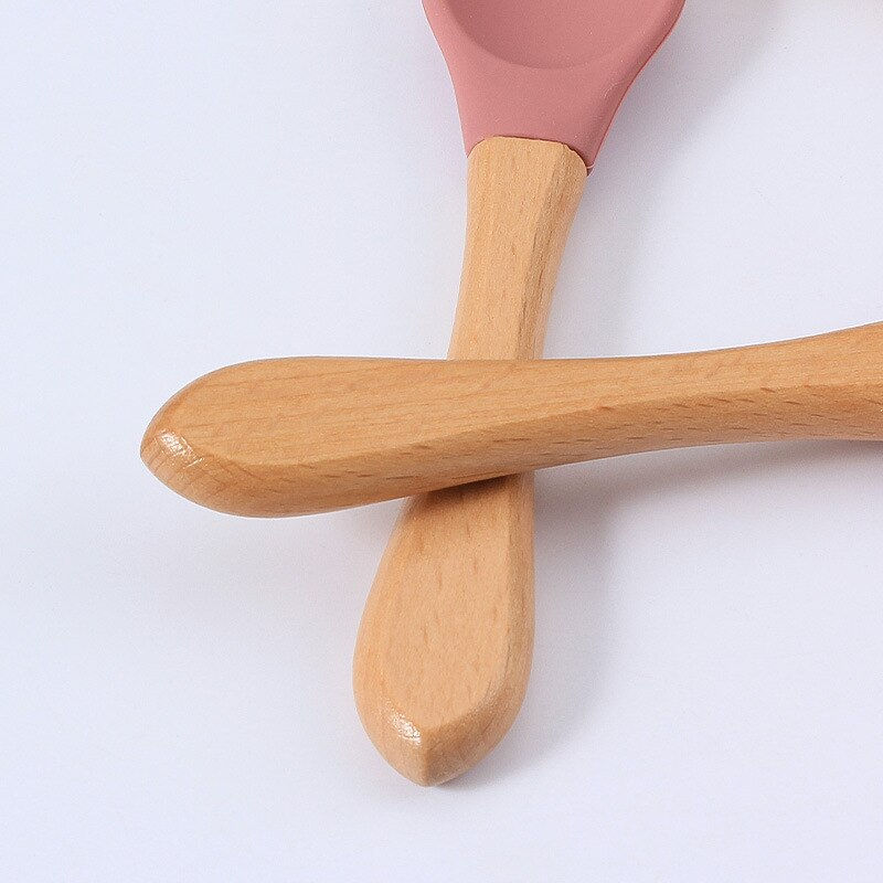 Thumbnail: 2PCS BPA Free Baby Silicone Spoon Fork Set Wooden Handle Baby Feeding Spoon For