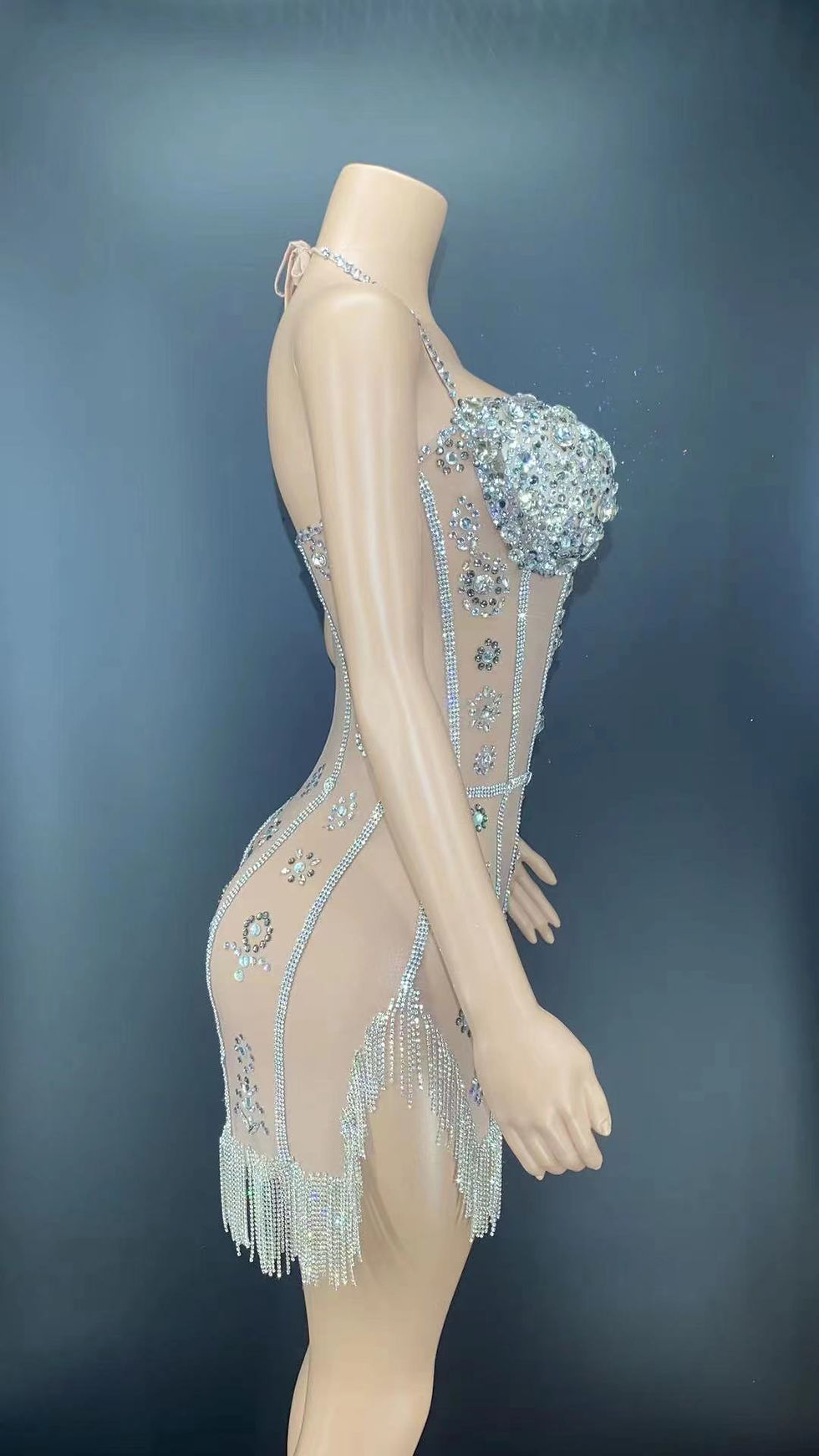 Thumbnail: Sexy Sparkly Silver Rhinestone Fringes Halter Mesh Transparent Short Crystals D