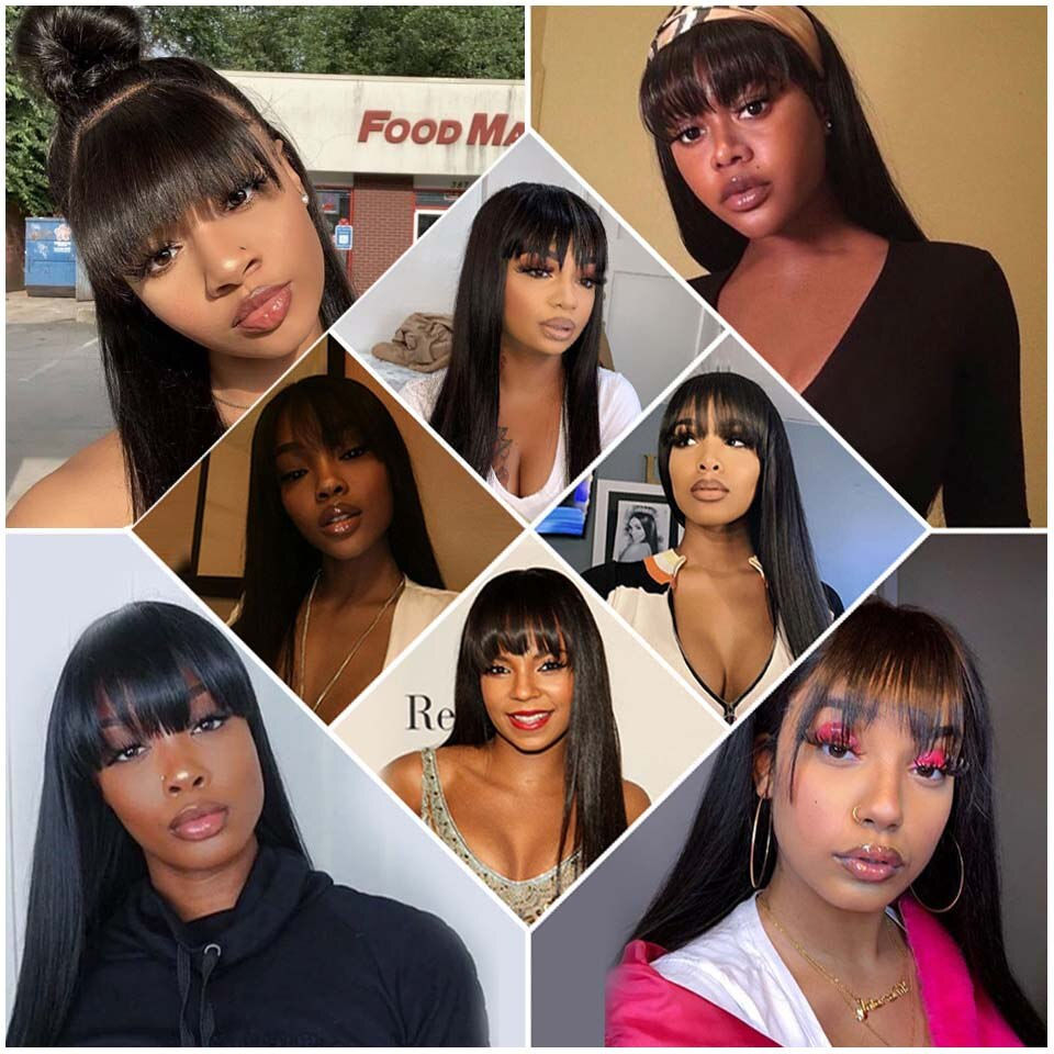 Thumbnail: Straight Wig With Bangs Fringe Bob Human Hair Wig For Women Brazilian Remy Hair