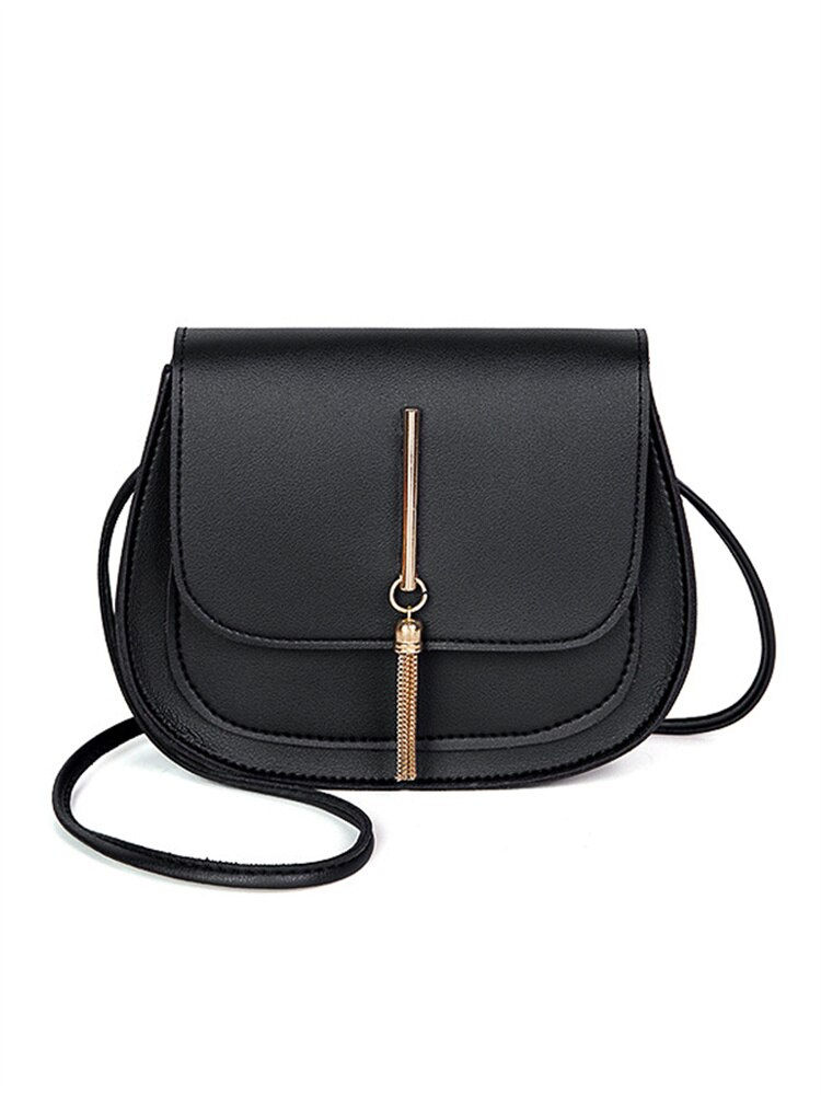 Thumbnail: New Golden Tassel Double Layer Semi Circle Solid Color One Shoulder Saddle Bag 