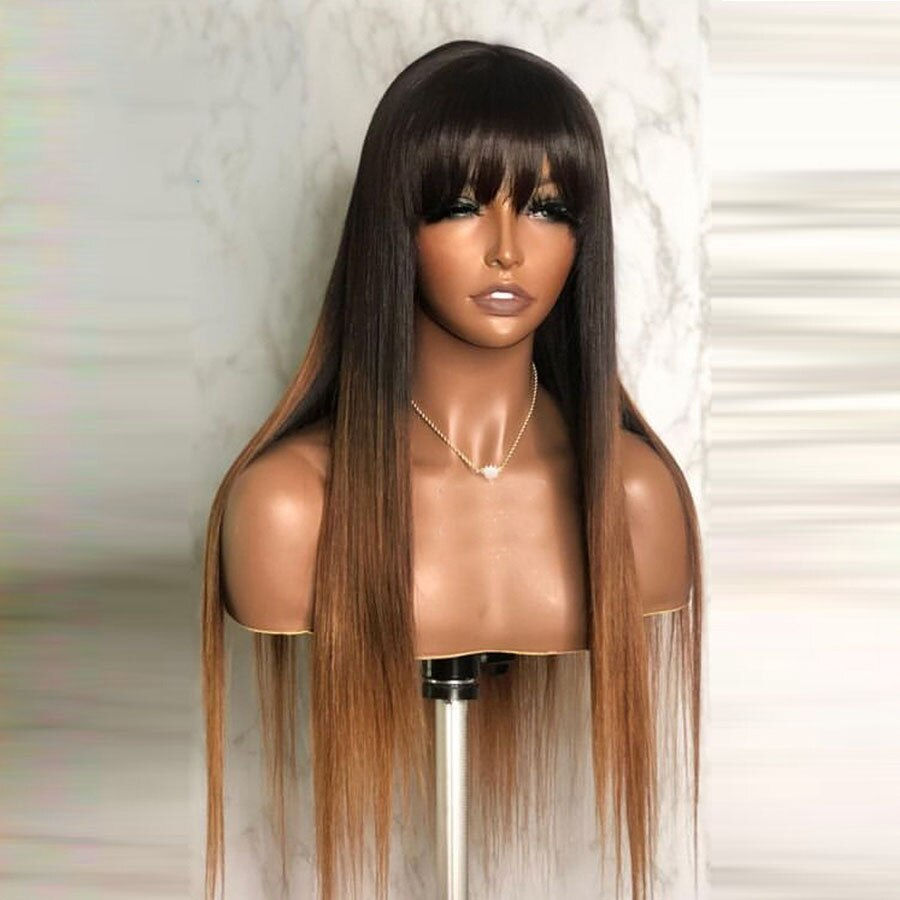 Thumbnail: Soft Ombre Blonde Straight 26"Long 180Density Machine Wig With Bangs For Black 