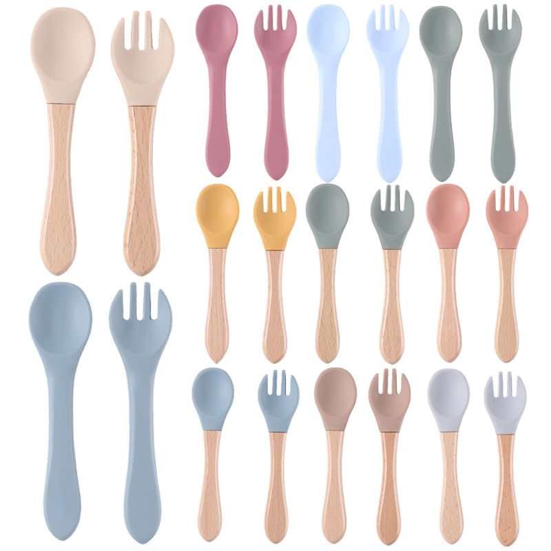 Thumbnail: Silicone Baby Feeding Spoon Fork with Wooden Handle Kids Learn To Eat Children'