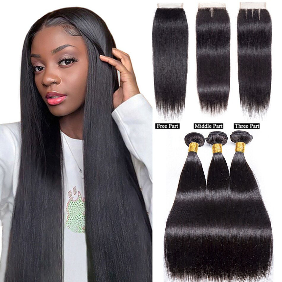 Thumbnail: 30inch Long Straight Human Hair Bundles With Closure Peruvian Human Hair Bundle