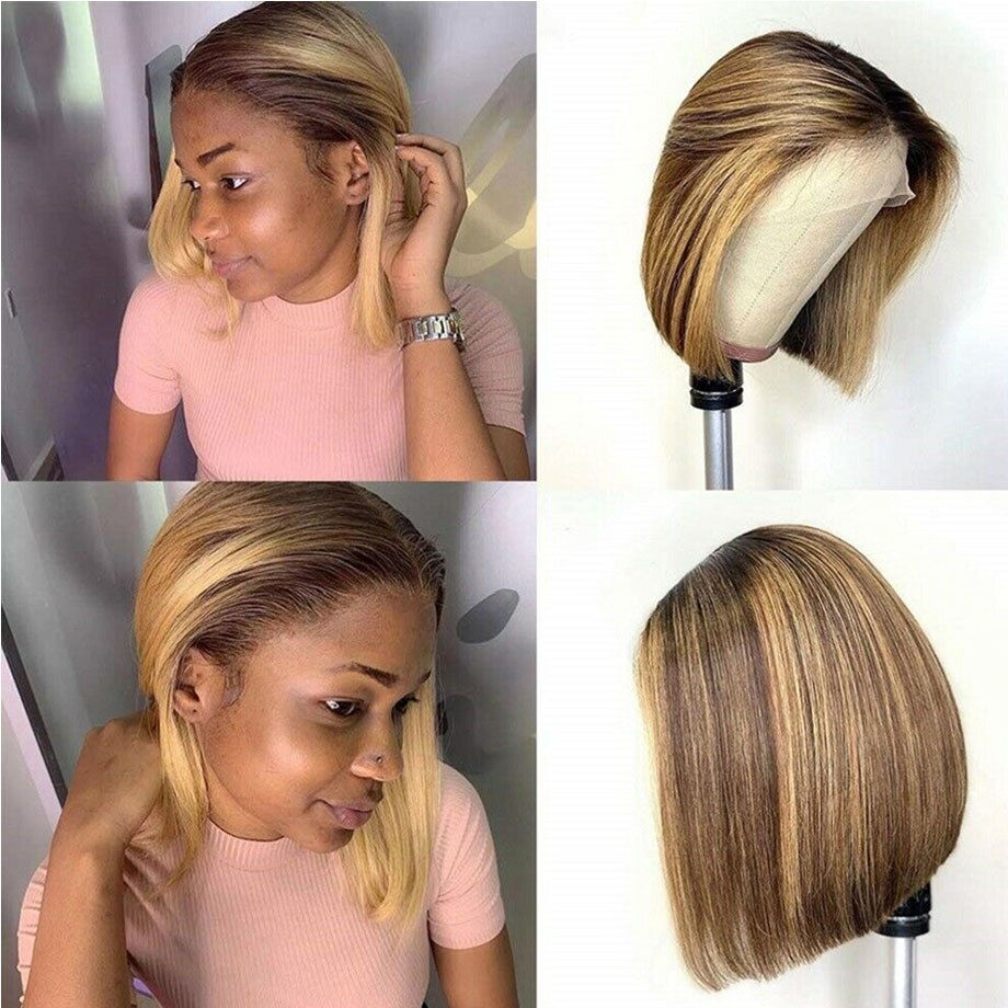 Highlight Wig Human Hair Short Bob Wigs Bone Straight Remy Colored Human Hair W