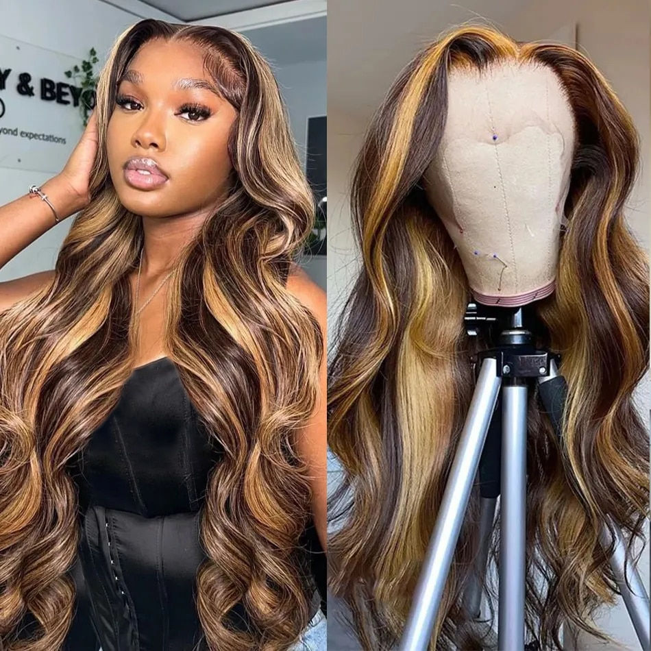 30 inch Colored Highlight Body Wave 13x6 Lace Front Human Hair Wigs Honey Blond