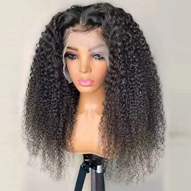 Thumbnail: Long Soft Natural Black 180%Density 26Inch Kinky Curly Preplucked Lace Front Wi
