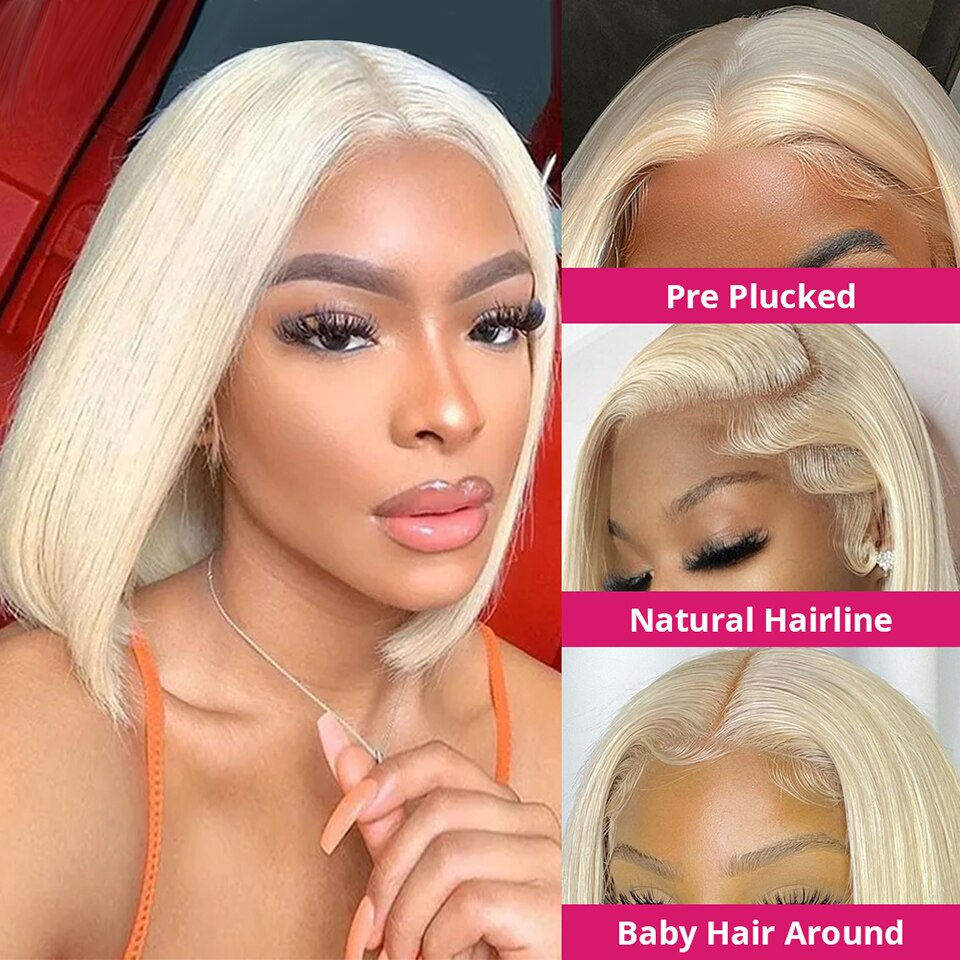 Thumbnail: Human Hair Lace T Part Wig 13x1 Lace Wig Brazilian Straight Bob Wig 613 Blonde 