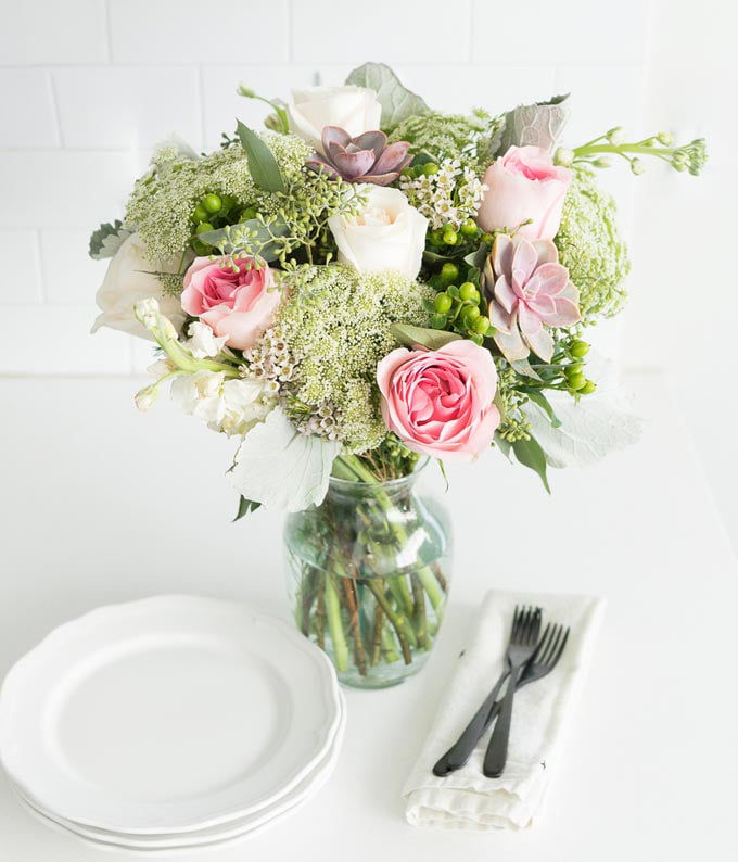 Thumbnail: White Roses, Pink Roses, Succulents, White Stock, Hypericum Berries, Queen Anne