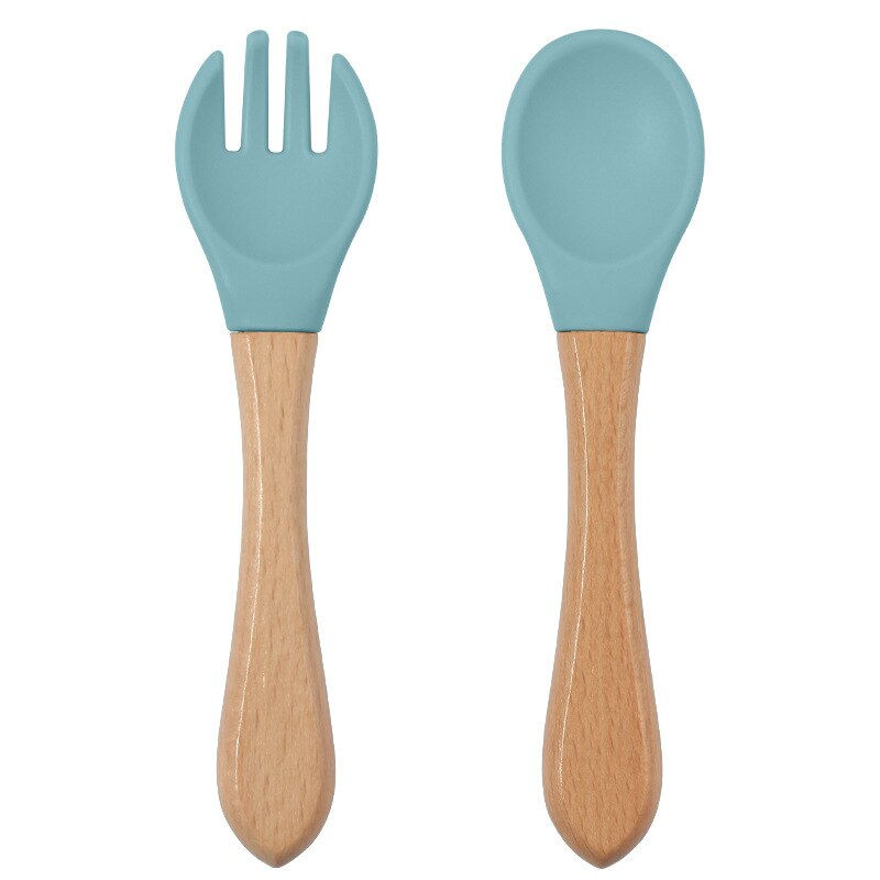 Thumbnail: 2PCS BPA Free Baby Silicone Spoon Fork Set Wooden Handle Baby Feeding Spoon For