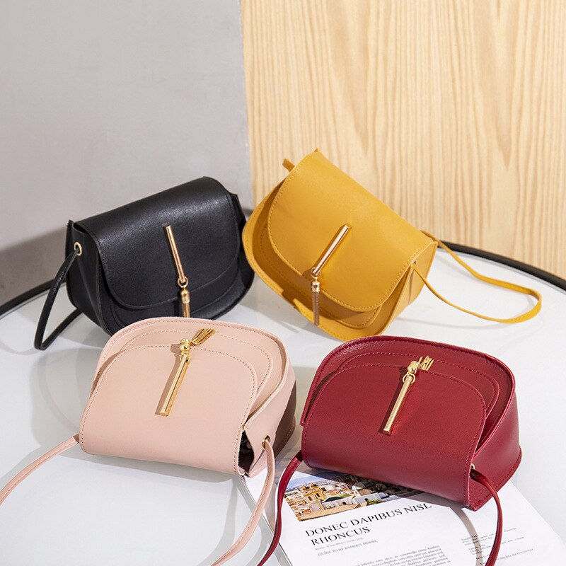 Thumbnail: New Golden Tassel Double Layer Semi Circle Solid Color One Shoulder Saddle Bag 