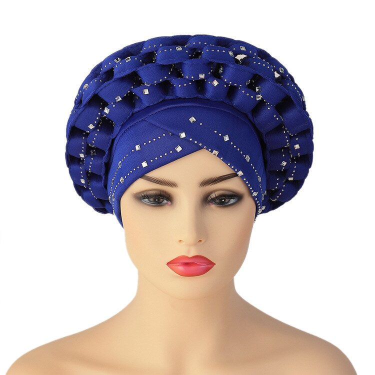 Thumbnail: Inlaid with Diamonds African Pattern Pre-Tied Bonnet Turban Knot Cap Headwrap H