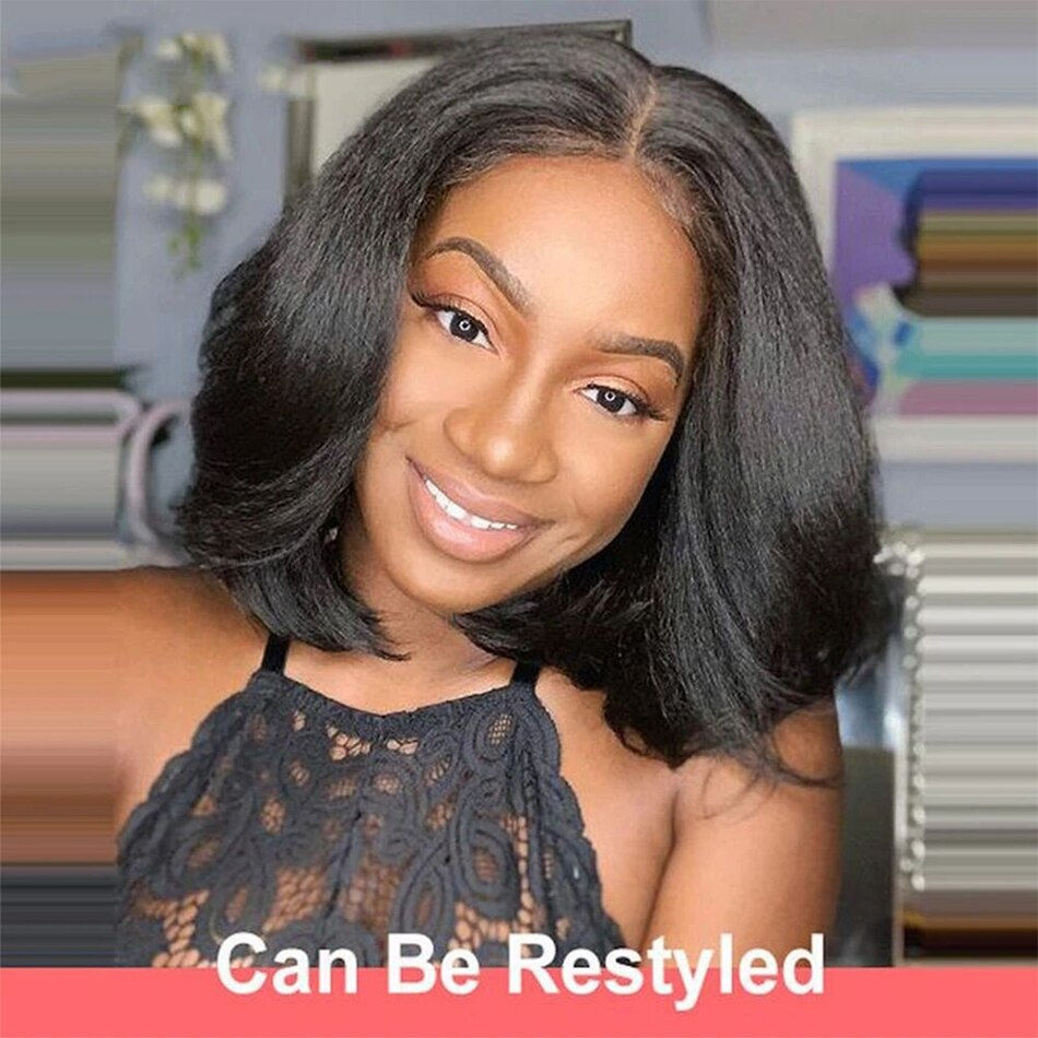 Thumbnail: 200%Density 14Inch Short Bob Natural Black Yaki Kinky Straight Deep Lace Front 