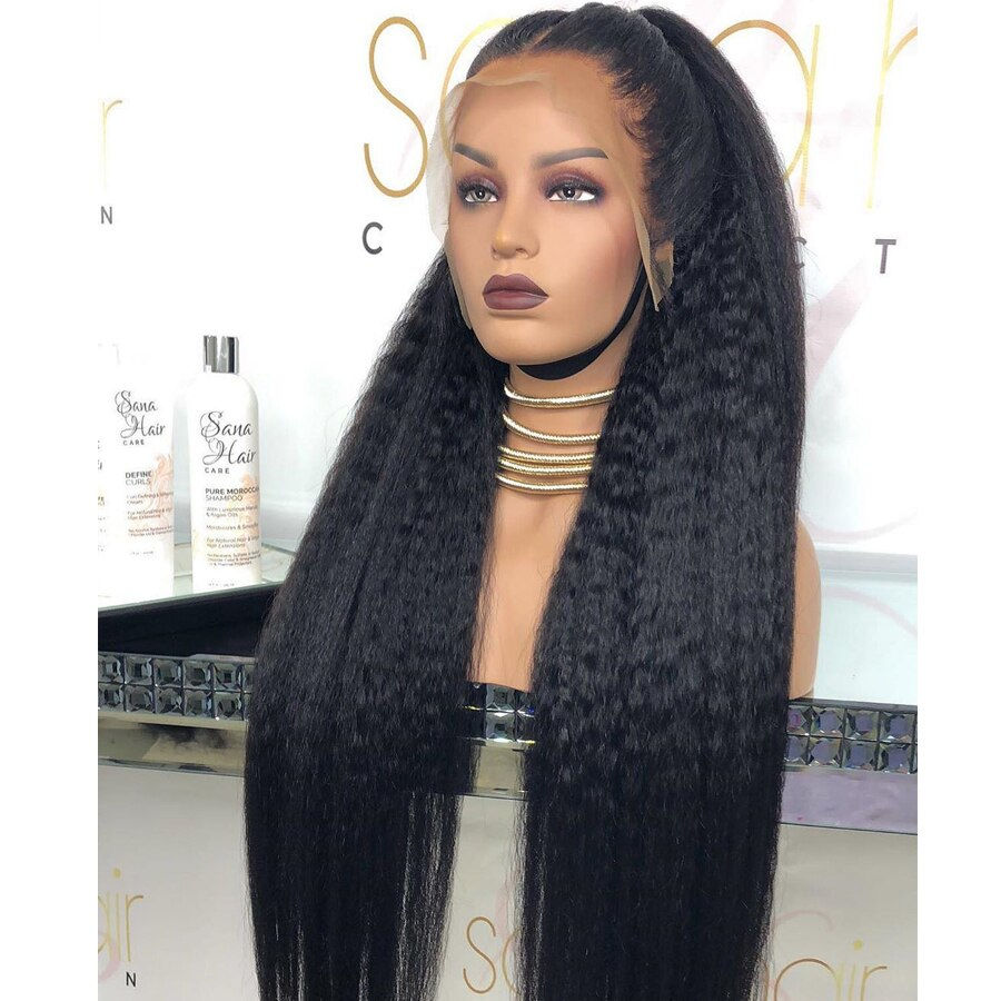 Thumbnail: Soft Long 28inches Natural Black 180Density Yaki Kinky Straight Deep Lace Front