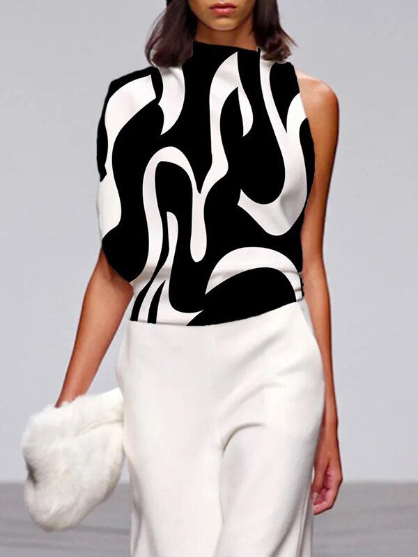 Yeezzi 2023 Summer One-Shoulder Fashion Asymmetric Contrast Color Striped Print