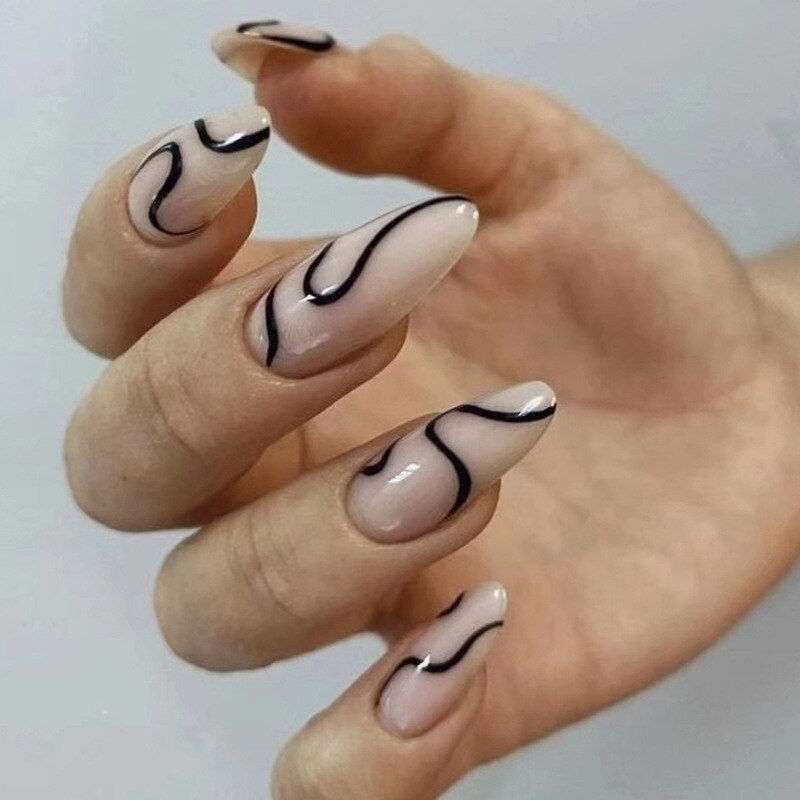 Thumbnail: 24Pcs Pink Almond False Nails Shiny Golden Ripples Stiletto Fake Nails Detachab
