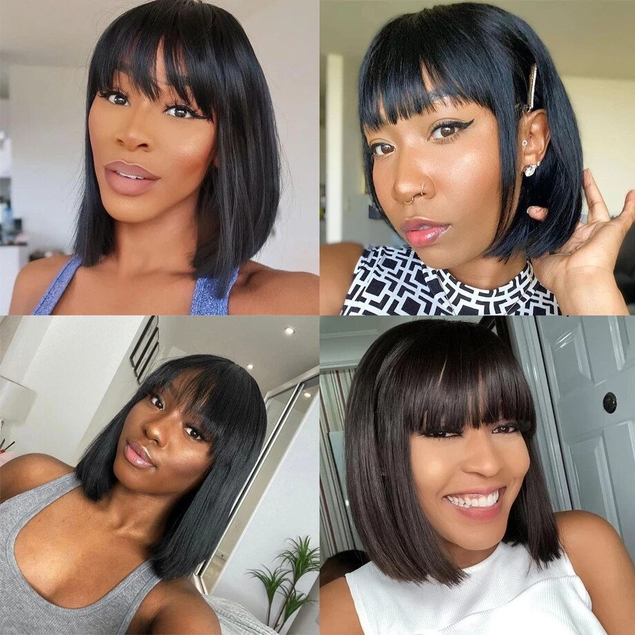 Thumbnail: Short Straight Bob Wig With Bangs Human Hair Glueless Wig Full Machine Made Hum