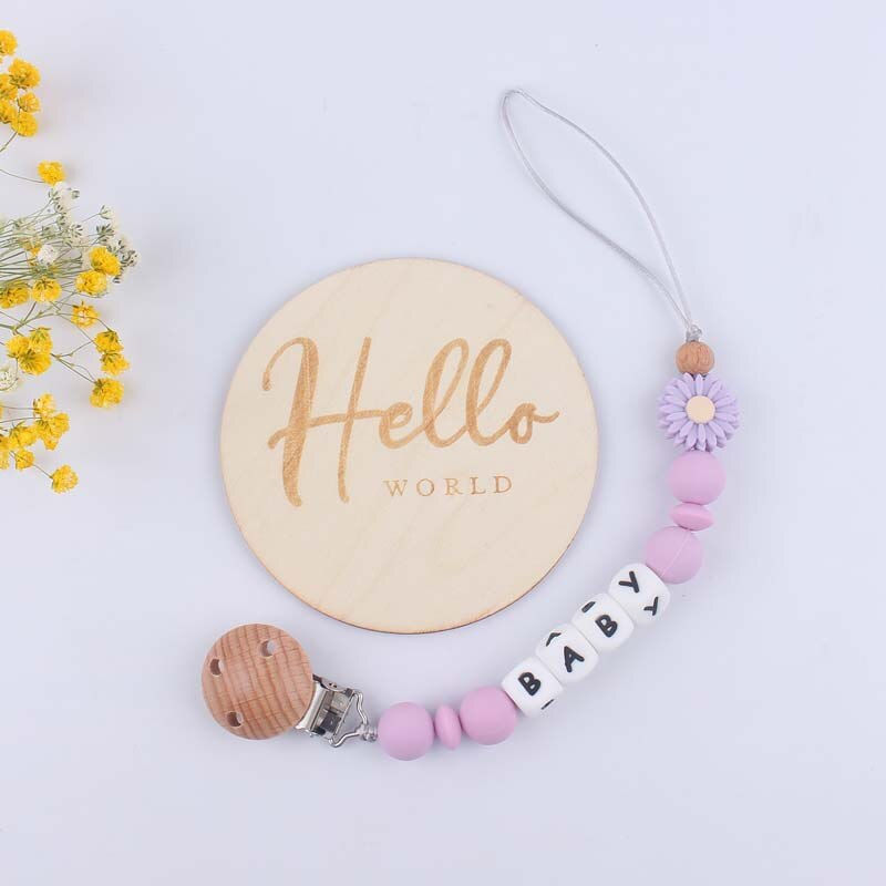 Thumbnail: Baby Pacifier Clips with Hello World Sign Silicone Beads Wooden Pacifier Chain 