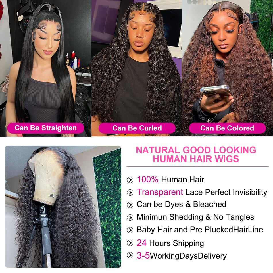 Thumbnail: 13x4 Deep Wave Frontal Wig Human Hair Brazilian Deep Curly Transparent Human Ha