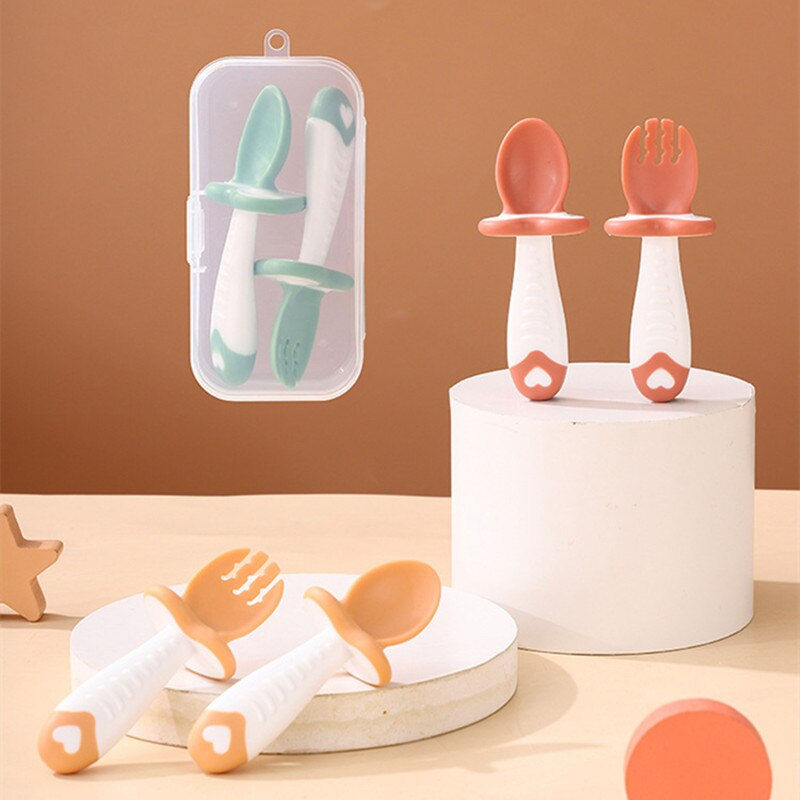 Thumbnail: 2Pcs/Set Baby Spoon Fork BPA Free Silicone Soft Tip Infant Red Green Cutlery Ba