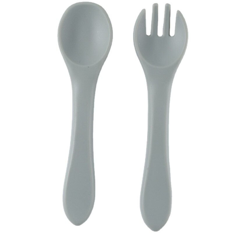 Thumbnail: Silicone Baby Feeding Spoon Fork with Wooden Handle Kids Learn To Eat Children'