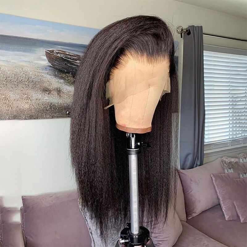 Thumbnail: Soft Long 28inches Natural Black 180Density Yaki Kinky Straight Deep Lace Front