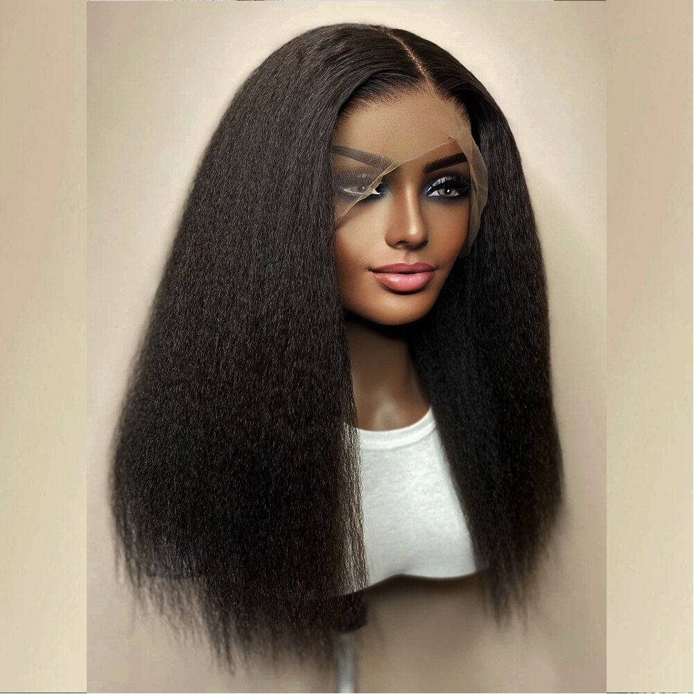 Soft Long 28inches Natural Black 180Density Yaki Kinky Straight Deep Lace Front