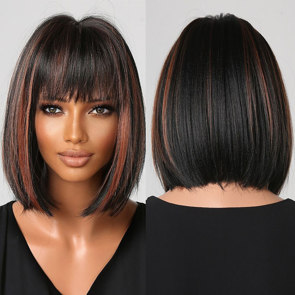 Thumbnail: Honey Brown Short Bob Wig With Bangs Synthetic Heat Resistant Wig Natural Hair 