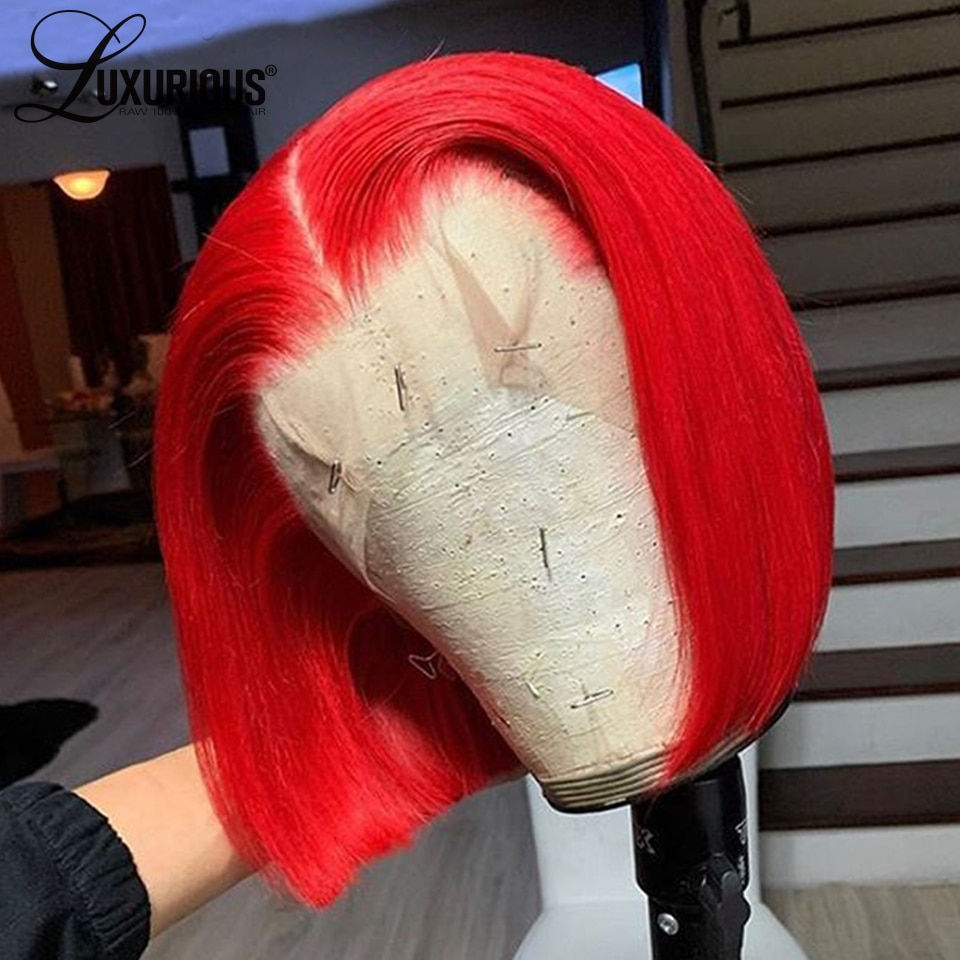 Thumbnail: 13x4 Red Short Bob Wig Lace Front Human Hair Wigs For Women Brazilian HD Transp