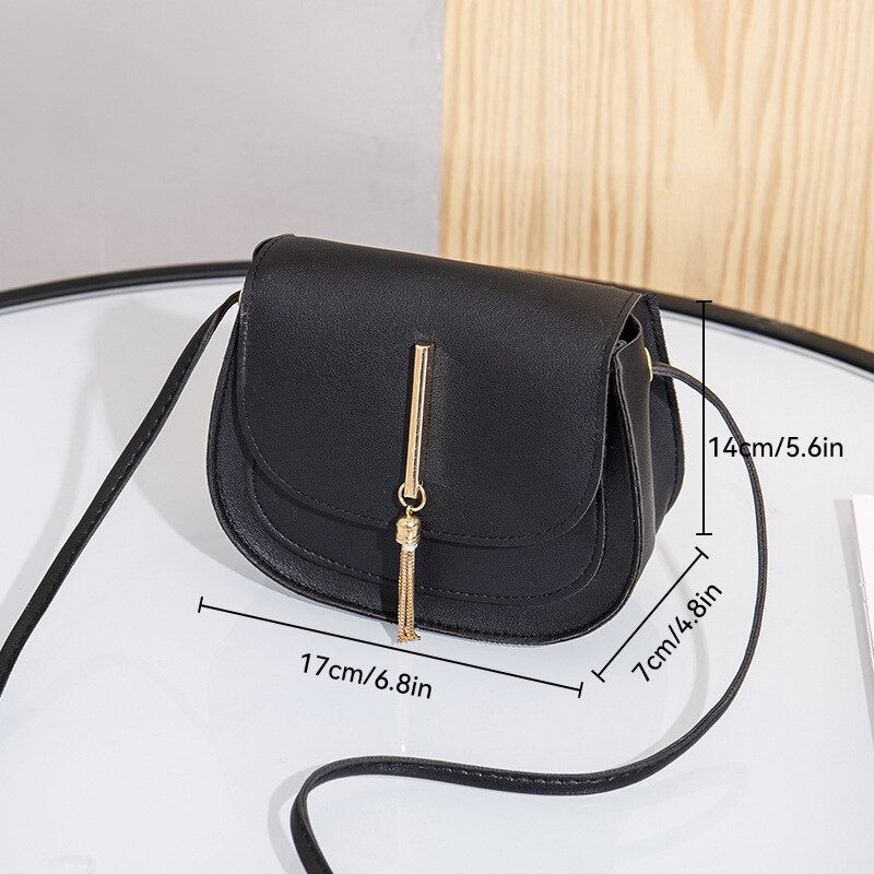 Thumbnail: New Golden Tassel Double Layer Semi Circle Solid Color One Shoulder Saddle Bag 