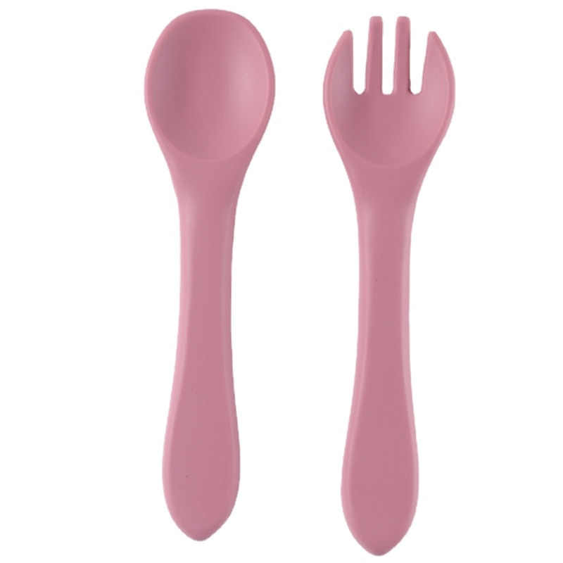 Thumbnail: Silicone Baby Feeding Spoon Fork with Wooden Handle Kids Learn To Eat Children'