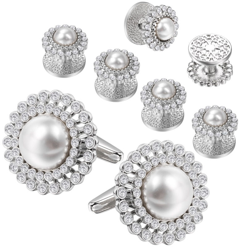 Thumbnail: HAWSON New Wedding Tuxedo Shirt 8 Pcs Cufflink Studs Elegance White Pearl & Cry