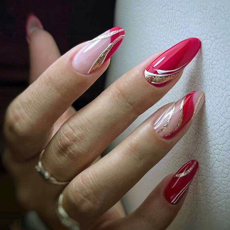 Thumbnail: 24Pcs Pink Almond False Nails Shiny Golden Ripples Stiletto Fake Nails Detachab