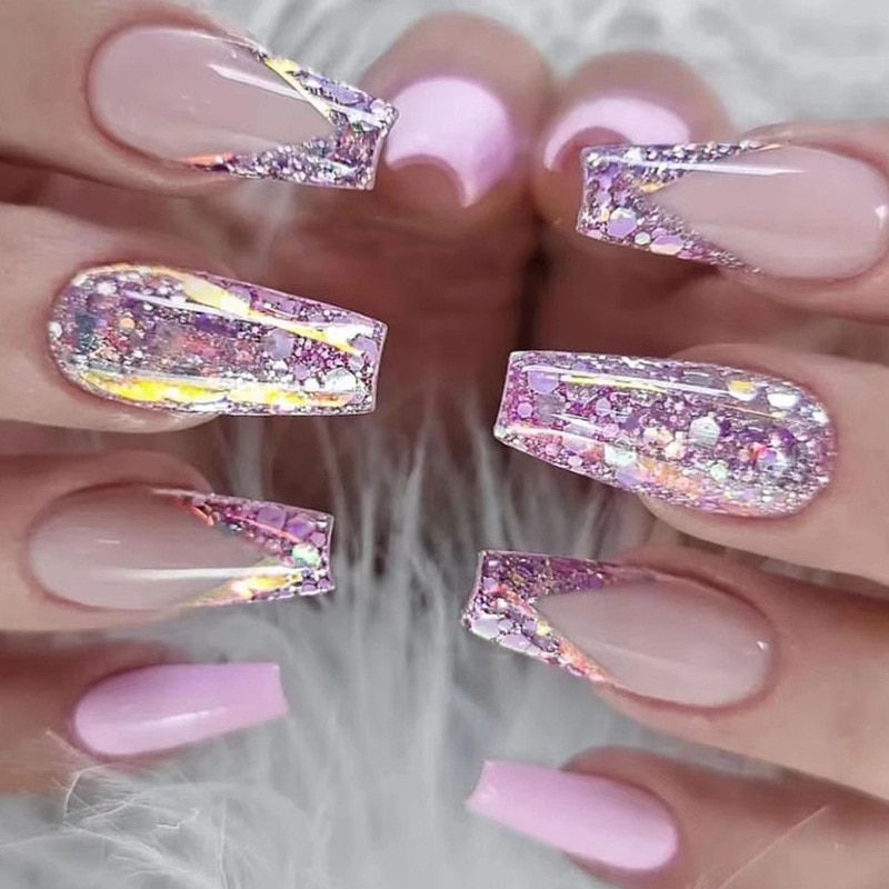 Thumbnail: 24pcs French Style False Nails Glitte Design Fake Nail Patch Mid Length Coffin 