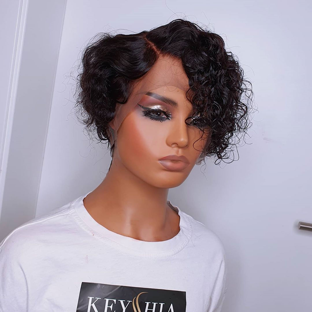 PrePlucked Cheap Short Kinky Curly Lace Front Pixie Cut Bob Wigs Human Hair Wig